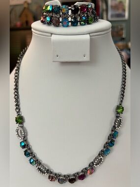 Paparazzi Multi-Color Crystal Gunmetal Statement Necklace & clasp bracelet